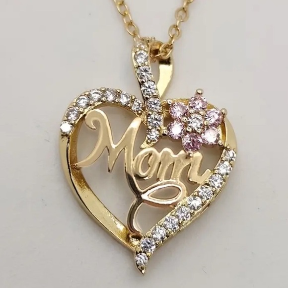 Mom Heart Gold Toned Diamond Flower Necklace - Picture 2 of 5